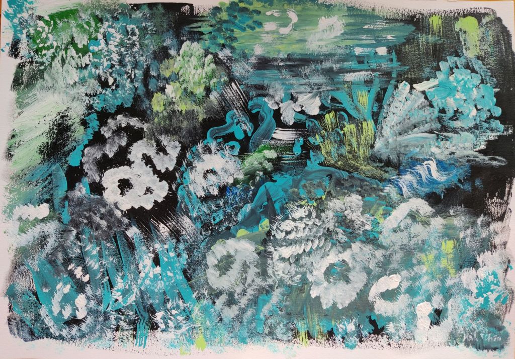 Abstract painting of fireworks with blue, green, black, white tones.