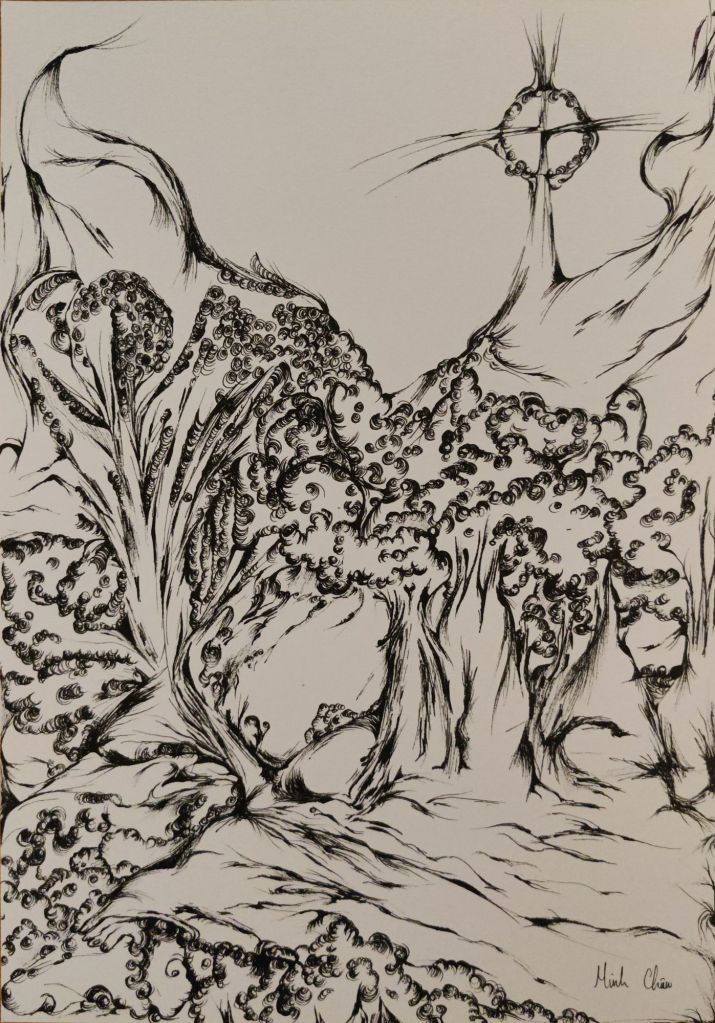 Abstract fineline drawing of trees and holy elements 